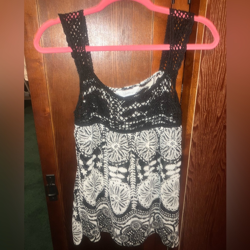 Black Crochet Sleeved Tropical Sheer Tank Top Blouse